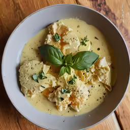 a bowl filled with soup topped with fresh green leaves