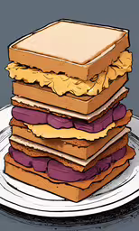 a stack of toasted bread with peanut butter and jelly on top,an illustration of three sandwiches stacked on top of each other