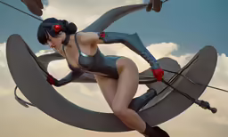 a female robot like figure wearing black clothes, sitting on a moon