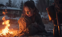 a girl sits by the camp fire looking at her watch