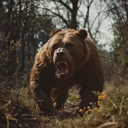 a brown bear walking in the woods towards a camera