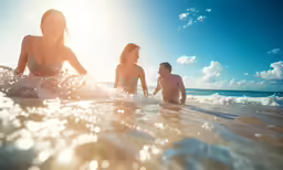 two woman and a man at the beach on surfboards
