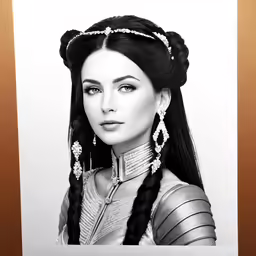 a woman with long hair in black and white