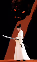 a woman in a white dress holding a sword