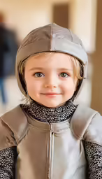 a baby with a little grey helmet on