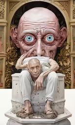 a man is holding onto the head of an individual statue