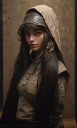 a young woman with long hair and an hood over her head
