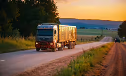 the tractor trailer is moving down the street,a yellow semi truck traveling down a rural road