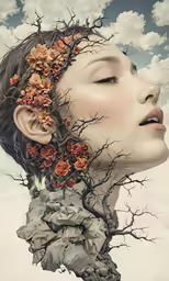 a woman is shown with her head resting on the branches