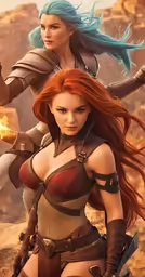two female characters in game costumes holding pistols