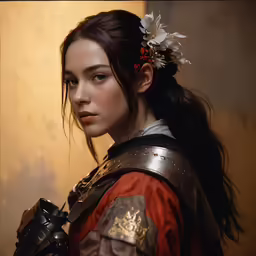 woman with red outfit and flowers in her hair