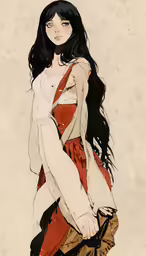 a drawing of a woman in an orange and white dress holding a purse