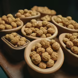 bowls filled with small oats on top of a wooden table