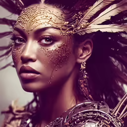 a young woman with feathers on her head, in front of a grey background