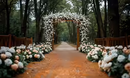 a pathway lined with rows of benches covered in flowers