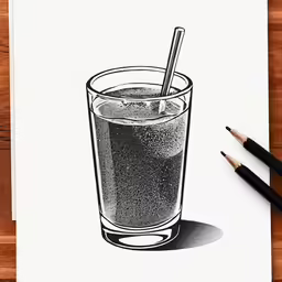 a black and white drawing of a glass of juice