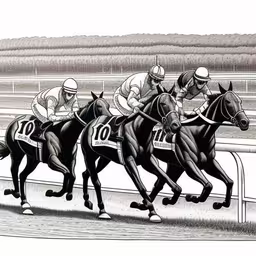 three horses are racing together on the track,this is an artist