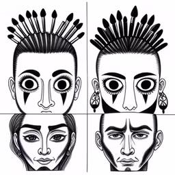 four drawing styles of the face with feathers,four different types of face with various hair styles,an image of three heads with feathers on their hair,four faces with different hair styles,four different types of the head, with different designs on them