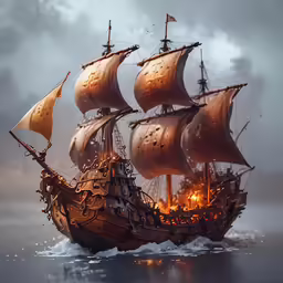 a pirate ship with multiple sails is engulfed by the fire