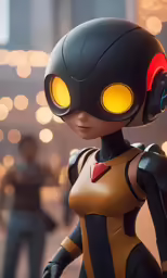 a robot girl doll standing next to another woman