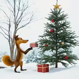 a little red squirrel standing in front of a christmas tree