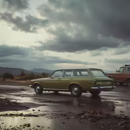 a truck and an old car in a parking lot