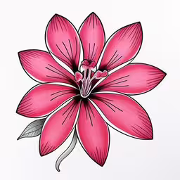 this drawing is of a large, pink flower,a beautiful red flower with a green leafy stem on it,pink flower with leaves on the middle of its petals,a pink flower with green leaves on it,a red flower with green leaves drawn on a white paper
