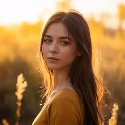 a young woman standing next to tall grasses