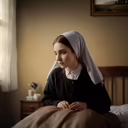 a young woman sitting in bed wearing a white head scarf