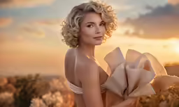 woman wearing white dress in field at sunset with rose
