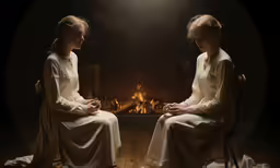 two women sit in front of a fireplace in period dress