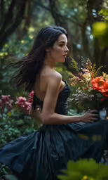 a beautiful woman holding a bouquet of flowers