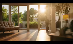 the sun is shining through the windows behind the couch