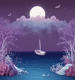 an abstract painting of a boat in the moonlight,an illustration of a boat floating on the water and clouds
