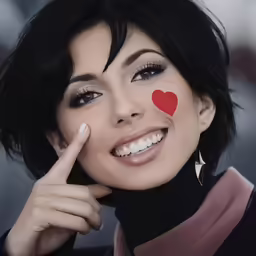 a woman with a heart painted on her cheek