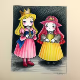 two girls with hats on and dresses are facing each other,a picture with an old photo of some cartoon characters