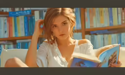 a pretty young lady sitting in front of a book shelf filled with books