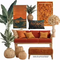 colorful assortment of vases, artwork and a red couch