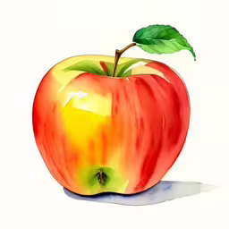 watercolor painting of a red apple with leaves,an apple painted on paper and colored in watercolor