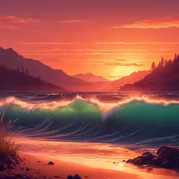 the sun sets over the ocean with waves crashing onto shore,a painting of an ocean sunset with a lot of waves