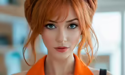 a close up of a woman with red hair and blue eyes