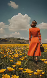 a woman walking through a field full of yellow flowers