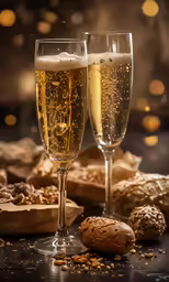 two glasses of wine, peanuts and cork on a table