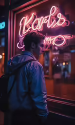 a man stands outside a shop lit up in neon lights