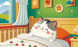 a grey and white cat laying on top of a bed