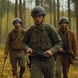 three soldiers in uniform walk down a road