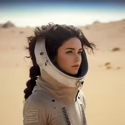 the woman in a spacesuit looks off to the right