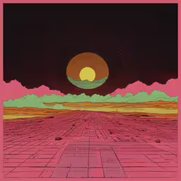 a pink and green screen with mountains, stars, and clouds,a pink background with an abstract image of mountains