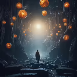 person in darkness standing in middle of a tunnel with large orange hanging lamps