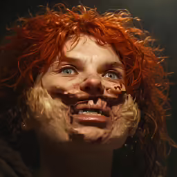 a woman with hair on her face with makeup smeared off